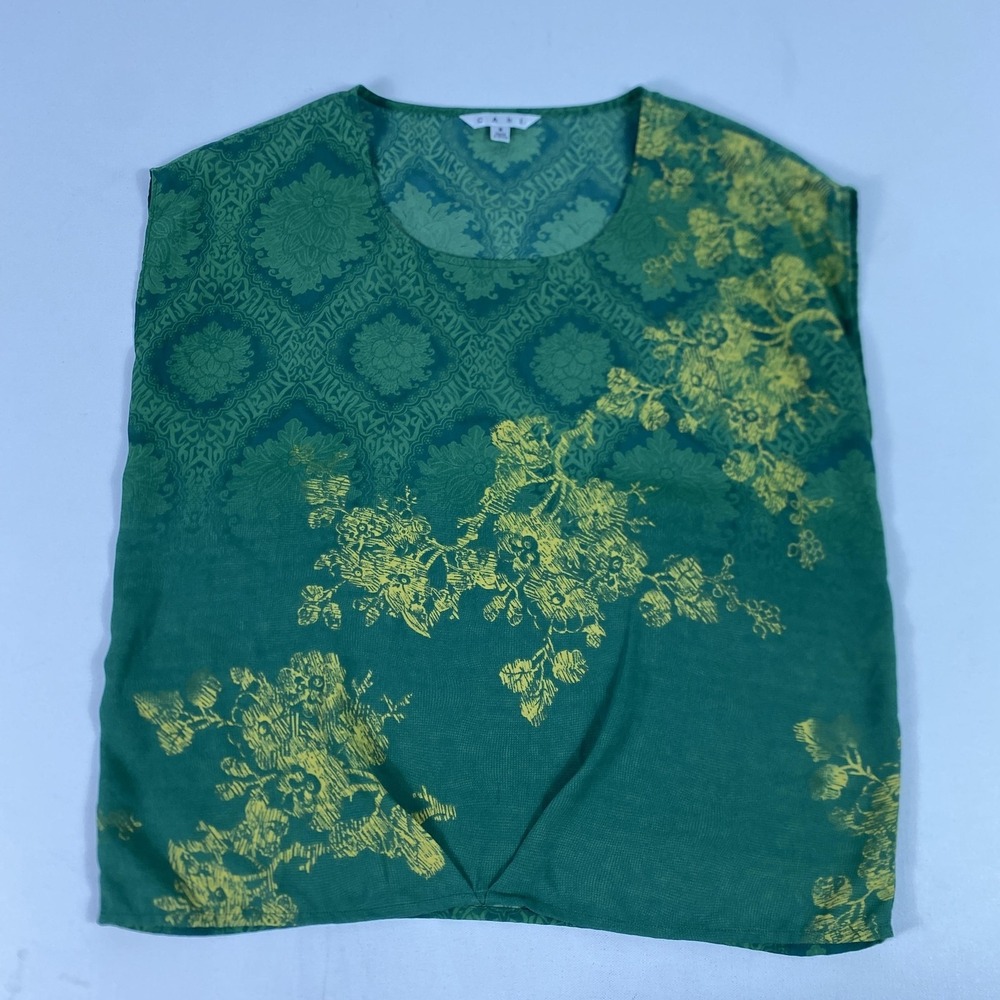 CAbi Shirt Womens Small Green Floral Print Sleeveless Sheer Scoop Neck‎ Top